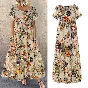 Retro Floral Print Long Dress Women Summer Elegant Cotton Linen Ruffle Boho Beach Maxi Dresses Casual ONeck Holiday Party Dress 220705