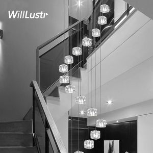 Modern LED Cube Glass Pendant Lamp Crystal Chandelier Creative Meteor Shower Suspension Light Duplex Mall Hall Villa Staircase Crystal Hanging Lighting