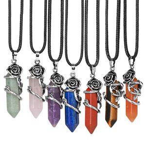 Hexagonal Crystal Necklace Natural Stone Pendant Necklaces Raw Crystals Amethysts Rose Flower Quartz Pendants Healing