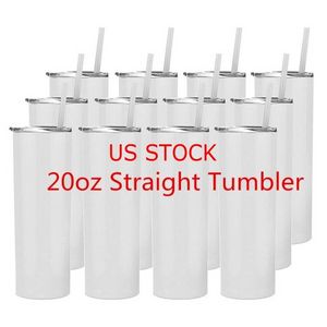 US Stock 24H ship Sublimation Tumblers Water Bottles 20 Oz Stainless Steel Straight Blank Mugs white Tumbler with Lid Straw for Heat Transfer DIY Gift Coffee Mug B0510