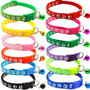 Paw print Adjustable Small Dog Puppy Collars Footprint Pattern Pet Neck Accessories Buckles With Bell Cat Soft Nylon Collar Leash Plain Identification