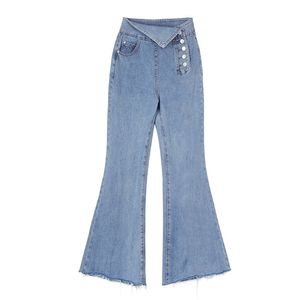 Возможно, U Женщины джинсовые брюки кнопка вспышки полная длина повседневная асимметричная синяя LJ200811