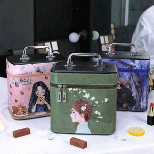Koreansk kreativ bärbar kosmetisk väska Lovely Printed Storage Large Capacity Travel Cosmetic Case 220518