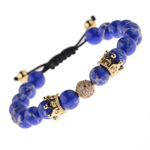 Bracciale con perline in pietra naturale di alta qualità, turchesi rossi, gioielli in pietra imperatore, zirconi, braccialetti con corona color oro per uomo donna