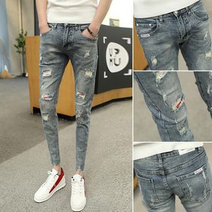 Trendy 2022 Men's Jeans Summer Ankle Length Pants Ripped Hole Slim Skinny Feet Social Guy Teenagers Men