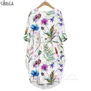 Mulheres lindo floral 3d impresso vestido de manga longa vestido bolso em torno do pescoço vestidos soltos plus size vestido midi vestidos 220616