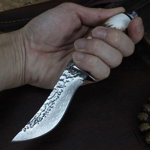 R7106 DAMASCUS SURVIVAL Rak jaktkniv Damascuss Stål Drop Point Blades Horn med stålhuvudhandtag Fasta bladknivar med läderhölje