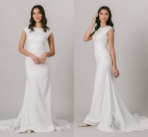 Abito da sposa modesto in crepe a sirena semplice con maniche ad aletta con scollo a barca e bottoni sul retro, abiti da spiaggia da sposa a sirena, abito da sposa LDS su misura