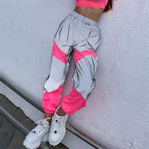 Omsj jesień zima luźna wysokość talii flash odblaskowy patchwork jogger spodnie kobiety neon streetwear stroje ładunki spodnie 220325
