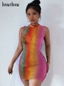 Hawthaw Women Summer Sleeveless See Through BodyCon Striped Mini Dress Sundress Female Clothing Streetwear Wholesale Artiklar 220521