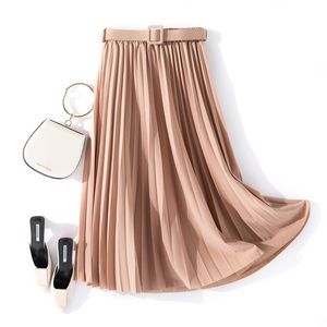 Autumn Summer Mulheres saia midi elegante vintage com cinto de cintura alta saias plissadas femininas femininas femininas 210306