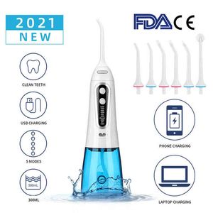 AZDENT 5 Mode Oral Irrigator USB Rechargeable Dental Water Flosser Portable 300ml Teeth Cleaner+6 Jet 220510