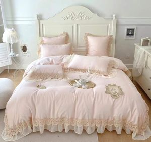 2022 140S 100% Cotton 5pcs Embroider Lace Pink Girls Bedding Sets Duvet cover Bedsheet Pillowcase stain bed King Queen Beautiful Noble Palace Royal Bed
