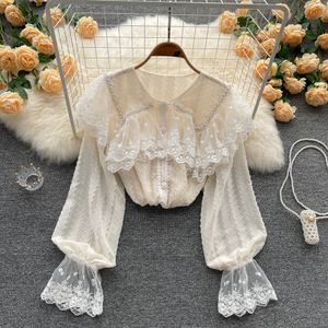 Frühling Neue Design frauen Drehen Unten Kragen Spitze Gepatcht Perlen Flare Langarm Süße Nette Chiffon Bluse Shirt Tops