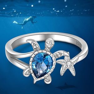 Silver Sea Turtle Starfish Band Rings for Women Blue Topaz Cute Ocean Gifts Animal Cubic Zirconia Jewelry Girl Birthday Party