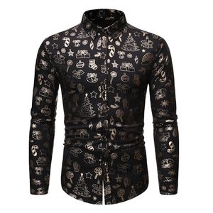 Erkekler rahat uzun kollu düğme aşağı elbise gömlek üstleri parlak siyah çiçek baskı Noel gömlek erkek iş rahat gömlek 220516