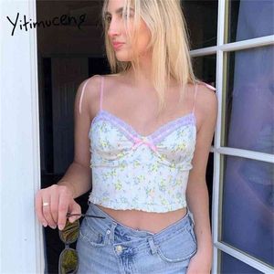 Yitimuceng Lace Print Camis Tank Tops for Women White Bow Spaghetti Strap Summer Backless Spliced Sexy Club Cropped Top 210401