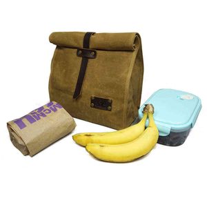 Vaxad duk läder lunch väska utomhus vandring camping jakt ryggsäck vattentät påse för arbete eller skolmat förvaringspåsar y220524