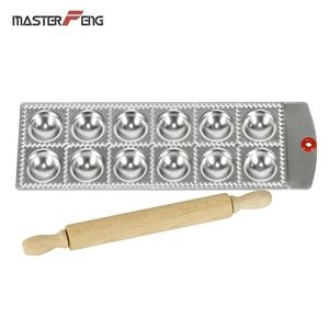 12 hål runda ravioli gjutplatta med en rullande stift pasta skärverktyg aluminium dumpling maker MF-12RO T200523