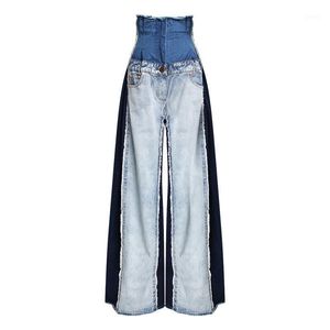 Super High Waisted Jeans Spring Color Contrast Wide Leg Pants Women's Loose Drop Sense Straight Tube Retro Shorts