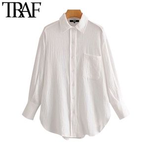 Traf Women Chic Fashion Office Wear Pockets Loose Bluses Vintage Lapel Collar Long Sleeve Female Shirts Chic Tops 210326