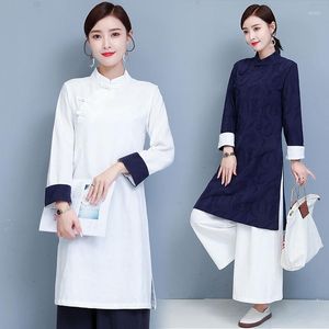 Ethnic Clothing Chinese Style Cotton And Linen Mandarin Collar Long Sleeve Dress Modern Cheongsam Oriental Improved Art Women DressEthnic