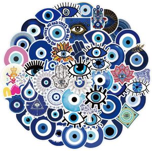 50 قطعة من ملصقات Lucky Devil's Eye ملصقات العيون الزرقاء ملصقات العيون الشريرة لأمتعة الكمبيوتر المحمول ذاتية الصنع وشارات التزلج على الجليد للبيع بالجملة