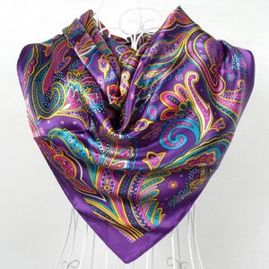 Vår- och höstkvinna Satin Scarf Big Square Scarves Hijabs Tryckta kvinnor Purple Polyester Silk Shawl 90 90cm