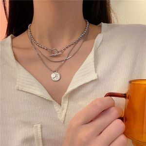 Chains Fashion Stainless Steel Titanium Three Layer Round Brand Pendant Necklace Ball Chain Ot Buckle Neck JewelryChains