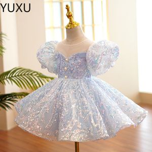 2022 Blue Princess Flowers Girls Dresses For Wedding Long Sequined Appliques Pärlor Bollklänning Kids Pageant Gowns First Holy Communion Dress