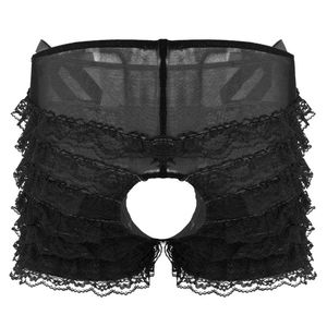 UNDUPTS MENS SISSY BOXER PANTIES Çiçek Dantelli Damgöbeği Orta Yükseliş Açık Kasık süper fırfırlı katmanlı brifing iç çamaşırı külotlu pantolonsunderpant