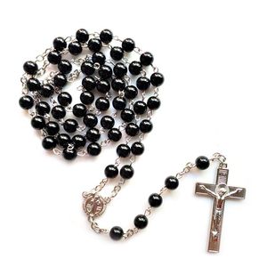 Naszyjniki wisiorek katolickie vintage akrylowe koraliki czarny naszyjnik różańca Jesuse cross religijne biżuteria dla mężczyzn Kobietndant