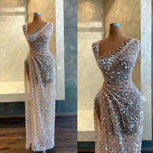 Shoulder Luxurious One African Dubai Evening Dresses Side Split Mermaid Prom Dress Beaded Sequined Formal Party Gowns