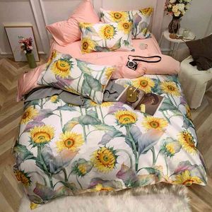 Svetanya 3D Sonnenblumen Pastoral Nordic Satin Bettwäsche-Set aus ägyptischer Baumwolle Queen King Size Bettwäsche Spannbettlaken Bettbezug