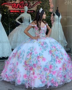 Białe hafty kwiaty suknia balowa sukienka Quinceanera z ramion meksykańska sukienka na bal