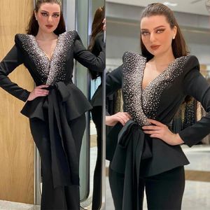 Black Fashion Fashion с длинным рукавом для комбинезонного костюма 2022 Beadered Peplum Women Outfit Вечернее платье Party Particedos Формальное ношение костюм