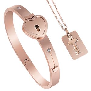 2pcs His and Hers Matching Couple Bracelet Necklace Set, Stainless Steel Love Heart Lock Bangle Key Tag Pendant Necklace Chain