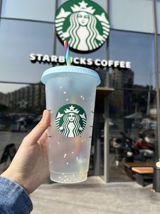 Stock Mermaid Goddess Starbucks oz ml Plastic Mugs Tumbler Color Change Magic Original PP Reusable Clear Drinking Flat Bottom Pillar Shape Lid Straw Cups mug