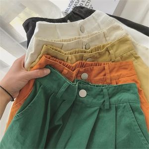 Pantaloncini estivi da donna stile coreano caramelle tinta unita cotone casual bermuda a gamba larga pantaloncini con bottoni a vita alta donna 220419