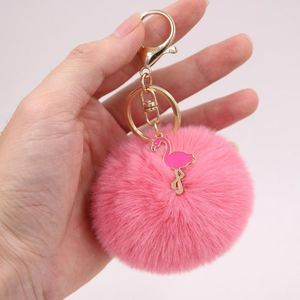 Keychains Fluffy Pompom Keychain Plush Crown Flamingo Keyring Lovely Gevulde poppen Key Holder Handtas Hanghangend ornament Pink