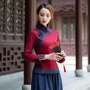 民族服伝統的な中国スタイルの女性スーツエレガントネイビーブルートップとスカートリネンナショナルヴィンテージ2ピースセットFF3043