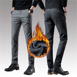 Vintermen Stretch Pants Thick Warm Fleece Dress Pants Business Plaid Black Grey Trousers Casual Pants Man Size 38638a 201128