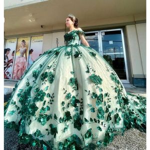 Luxury Green Quinceanera Dresses 2022 Off Shouder Beads Appliques Ball Gown Sweet16 Dress Lace-Up Vestidos De 15 Anos Handmade