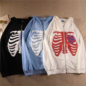 Amerikanskt mode -säljande Skeletttryck Anime Män Kvinnor Långärmad dragkedja Huvjacka Lös Streetwear Y2K Pullover 220804
