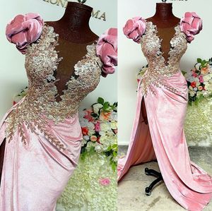 2022 Plus Size Arabic Aso ebi Pink Resemaid Роскошные выпускные платья кружевные бисера вечерние вечера второй прием с днем ​​рождения платья с обручательными платьями ZJ326