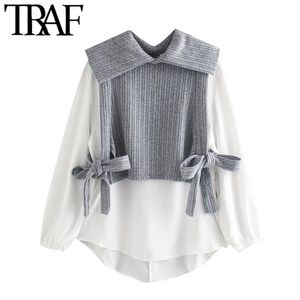 TRAF Women Fashion With Bow Tied Patchwork Loose Blouses Vintage Long Sleeve Elastic Trim Female Shirts Chic Tops 210401