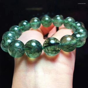 Link Chain Genuine Natural Green Rutilated Quartz Gemstone Bracelet From Brazil Women Men Crystal Round Beads 12mm 13mm 14mm