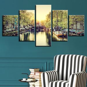 Urban Creek in the Morning Sun Canvas HD Prints Posters Home Decor Wall Art Pictures 5 Pieces Art Paintings No Frame