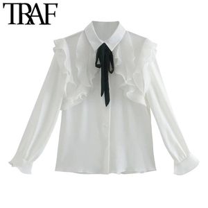 Traf Women Fashion with Bow Ruffled Button Up Bluses Vintage Long Sleeve Side Vents Female Shirts Chic Tops 210401