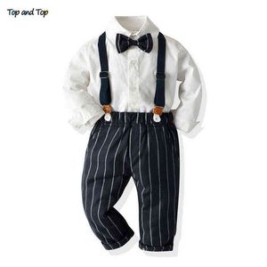 Top en top Kids Boy Dessen Gentleman Set lange mouwen bowtie shirt gele jarret gestreepte broek kleding outfits kinderen kostuum J220711
